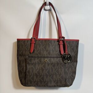 Michael Kors Signature Leather Jet Set Tote Bag Dark Brown Red PVC Leather